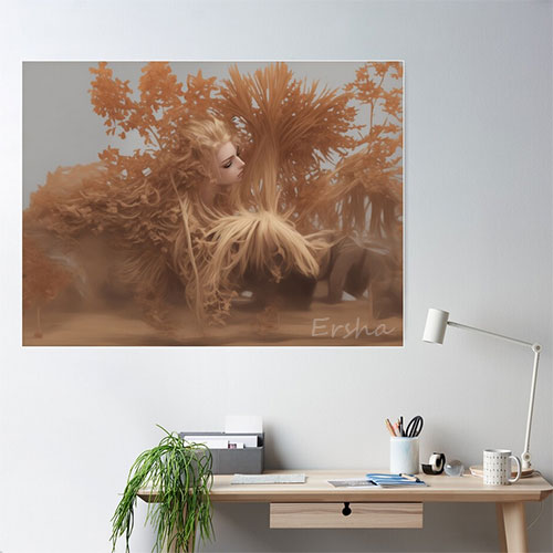 Digital art printed poster, blond woman face in tropical