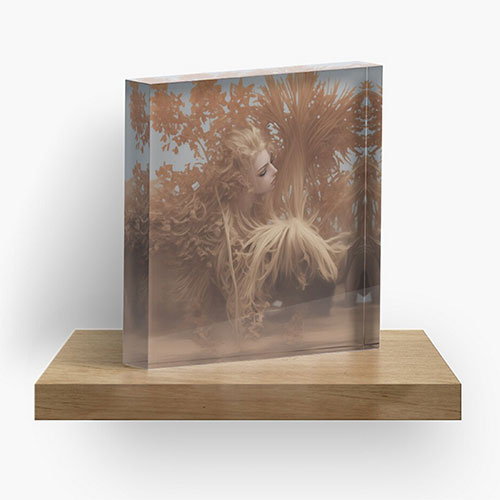 Digital art printed acrylic block, blond woman face in tropical