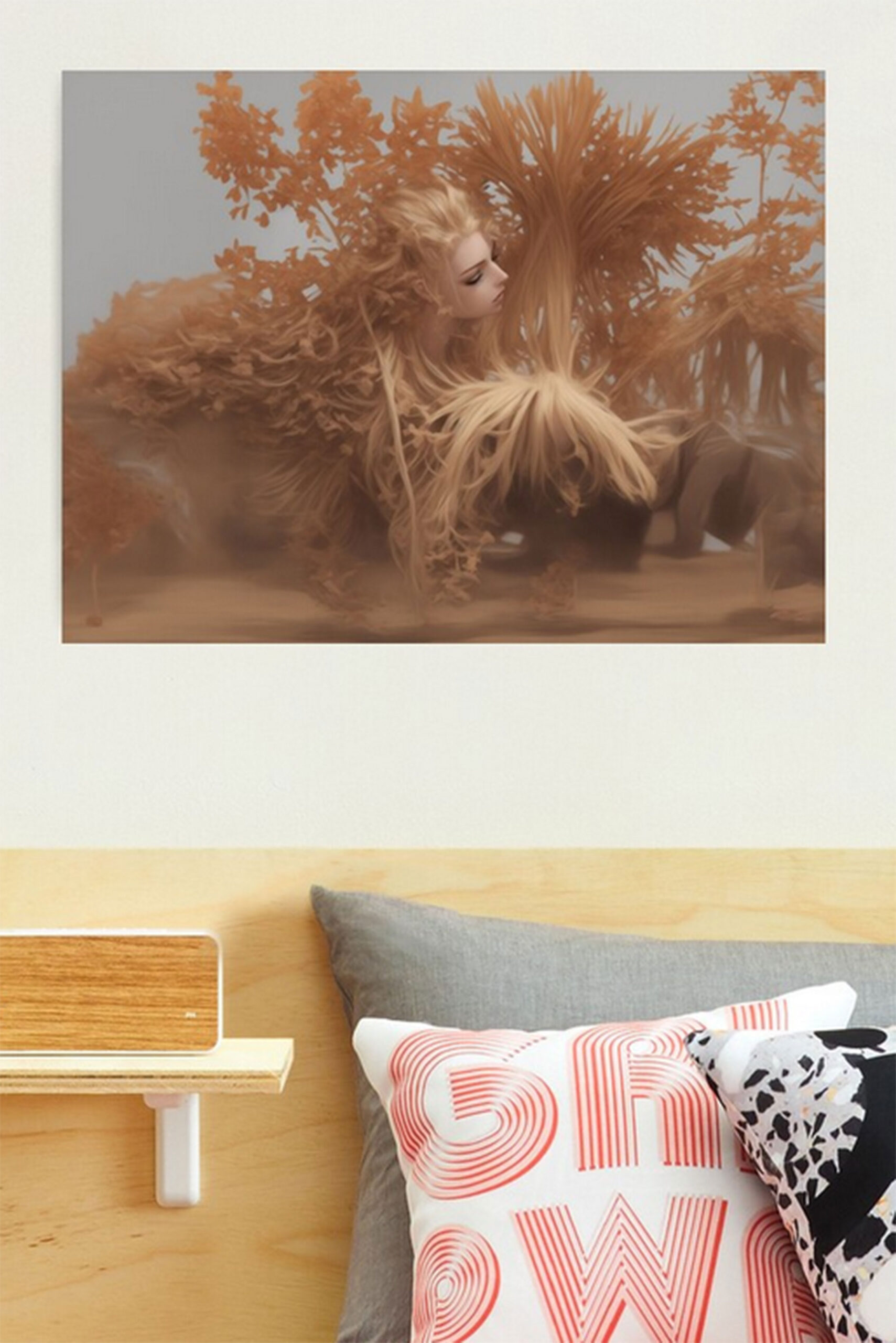 Digital art printed photographic print, blond woman face in tropical