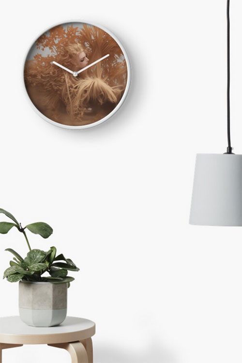 Digital art printed clock, blond woman face in tropical