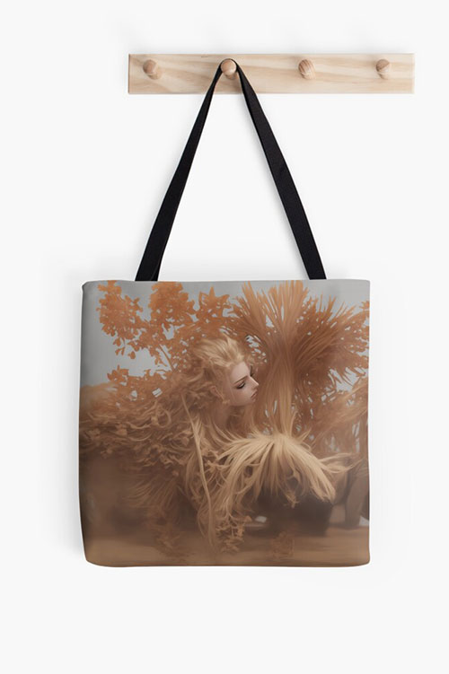 Digital art printed all over tote bag, blond woman face in tropical
