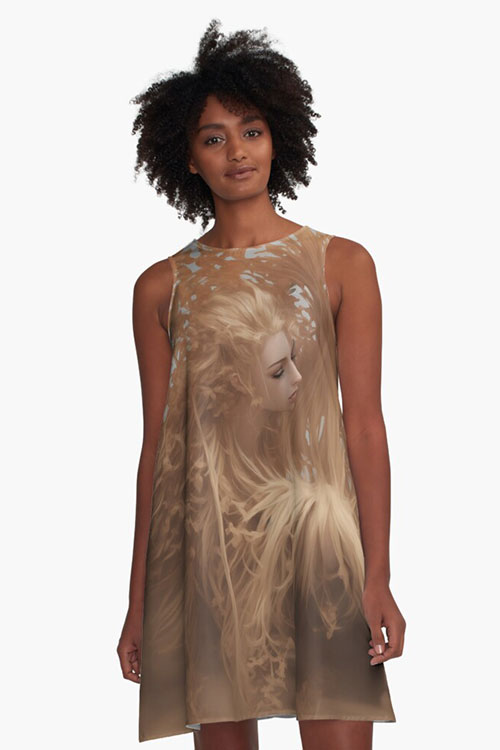 Digital art printed a-line-dress, blond woman face in tropical