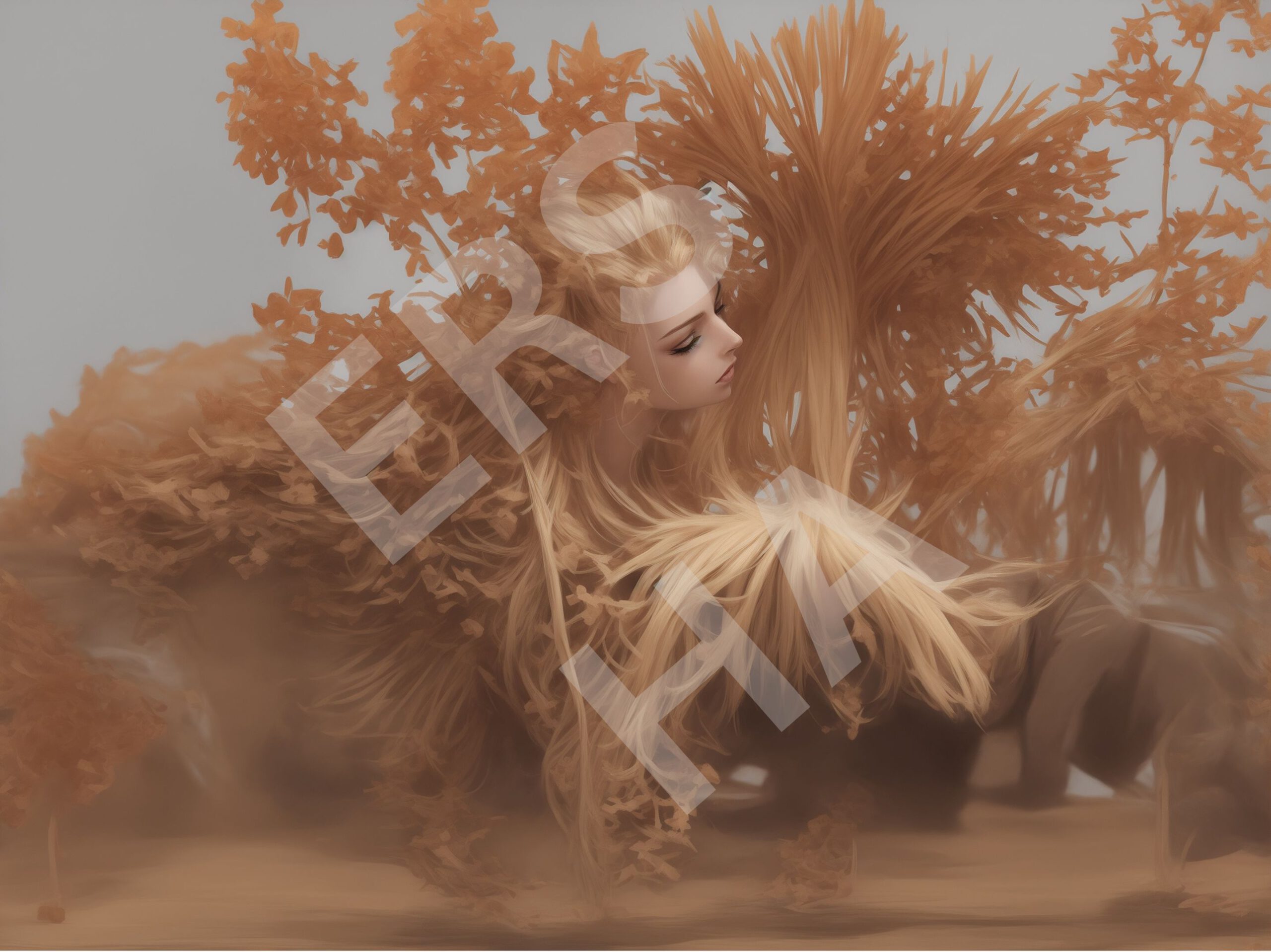 Digital art printed, blond woman face in tropical