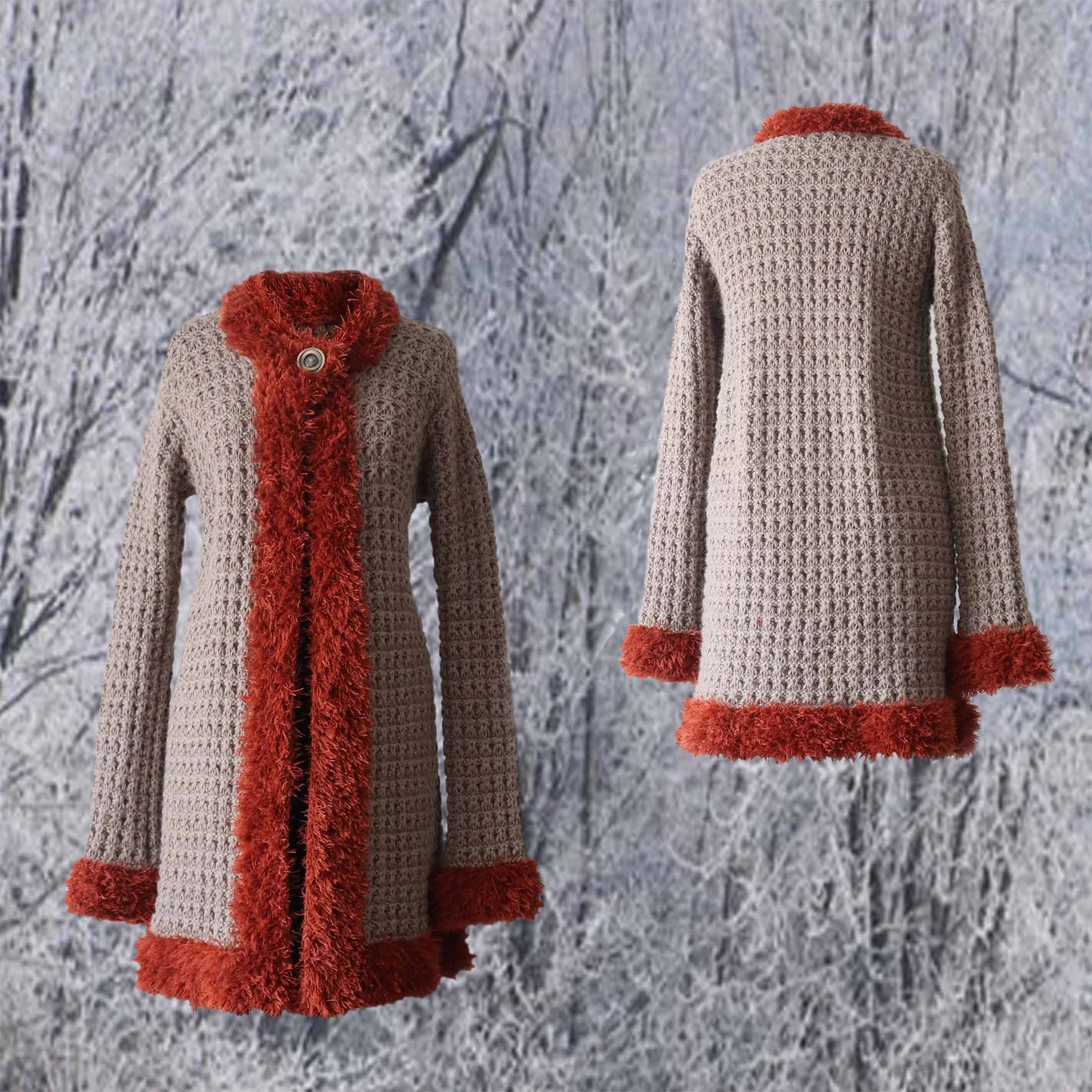 PFL- Knitwear Cardigan baby alpaca with contrasting edges, one button closure color taupe / orange